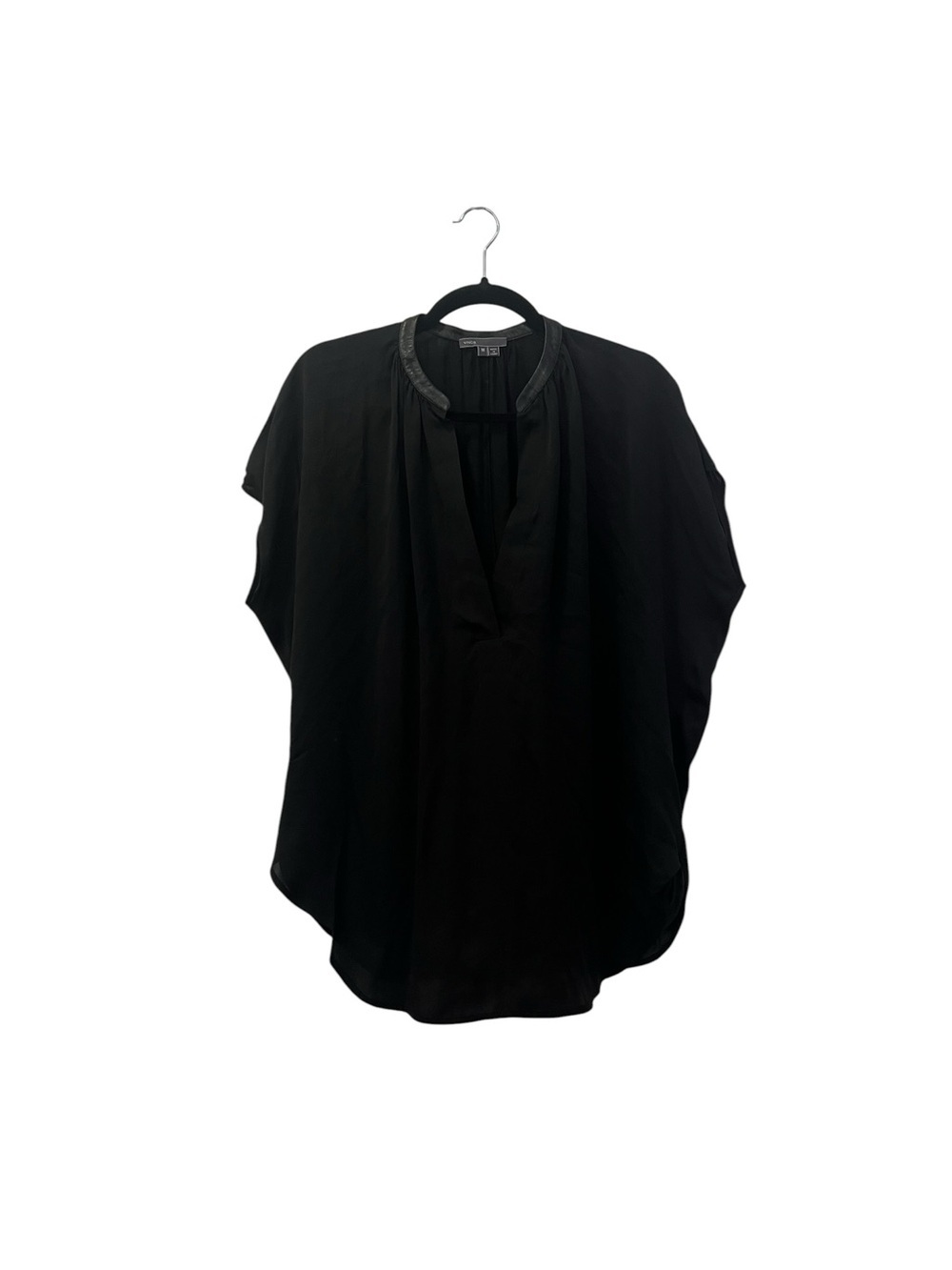 VINCE Luxury Black Silk Leather Trim Split-Neck Short Sleeve Blouse M - Picture 5 of 6